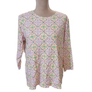 Kim Rogers Women's Size L 3/4 Sleeve Colorful Geometric Print 100% Cotton Top